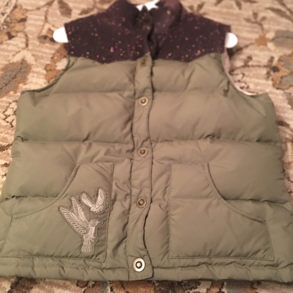 Old Navy Puffer Vest - Khaki with Embroidered Bird Detail